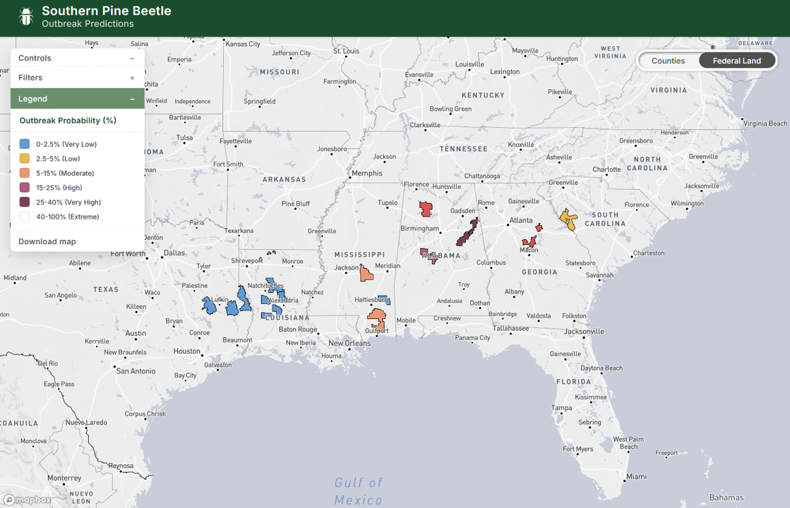 2026-Federal 2025 Southern Pine Beetle National Forest Ranger District Prediction Map