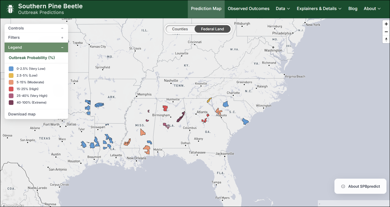 2026FederalSPB 2025 Southern Pine Beetle National Forest Ranger District Prediction Map